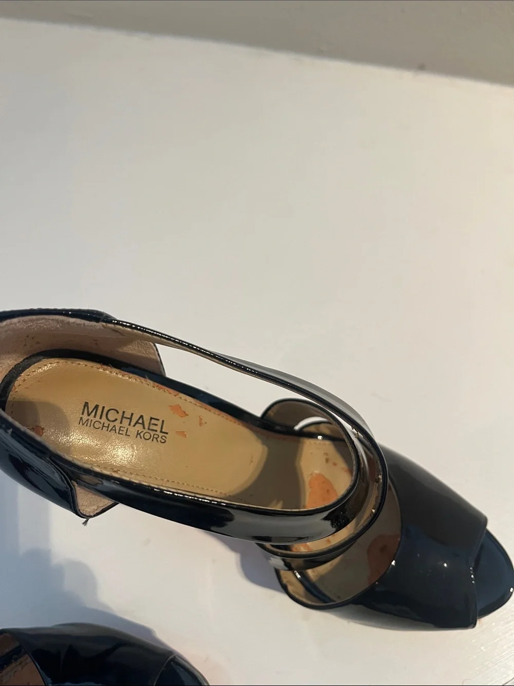 Michael Kors Black Patent Cross-Strap Peep-Toe Platform Heels w/red bottoms!